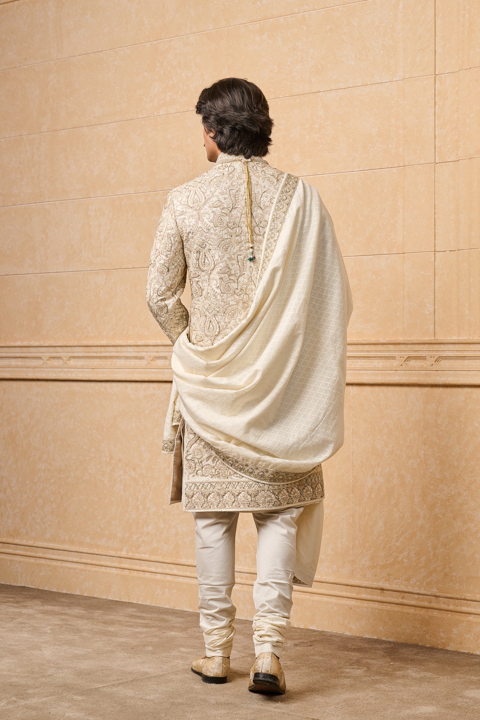 Ivory All Over Embroidered Silk Sherwani With Stole