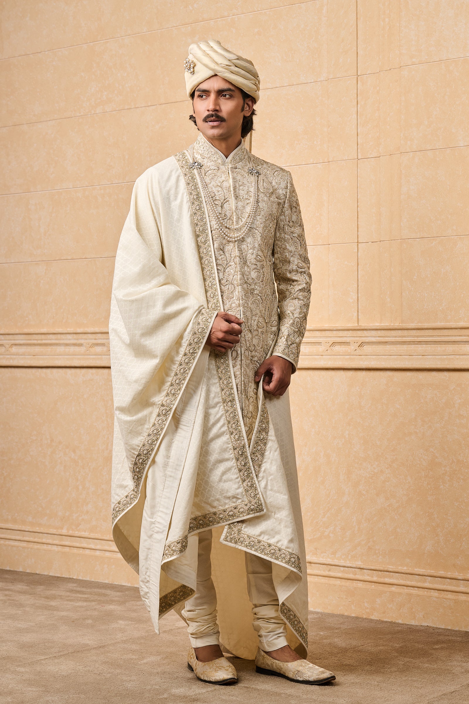 Ivory All Over Embroidered Silk Sherwani With Stole