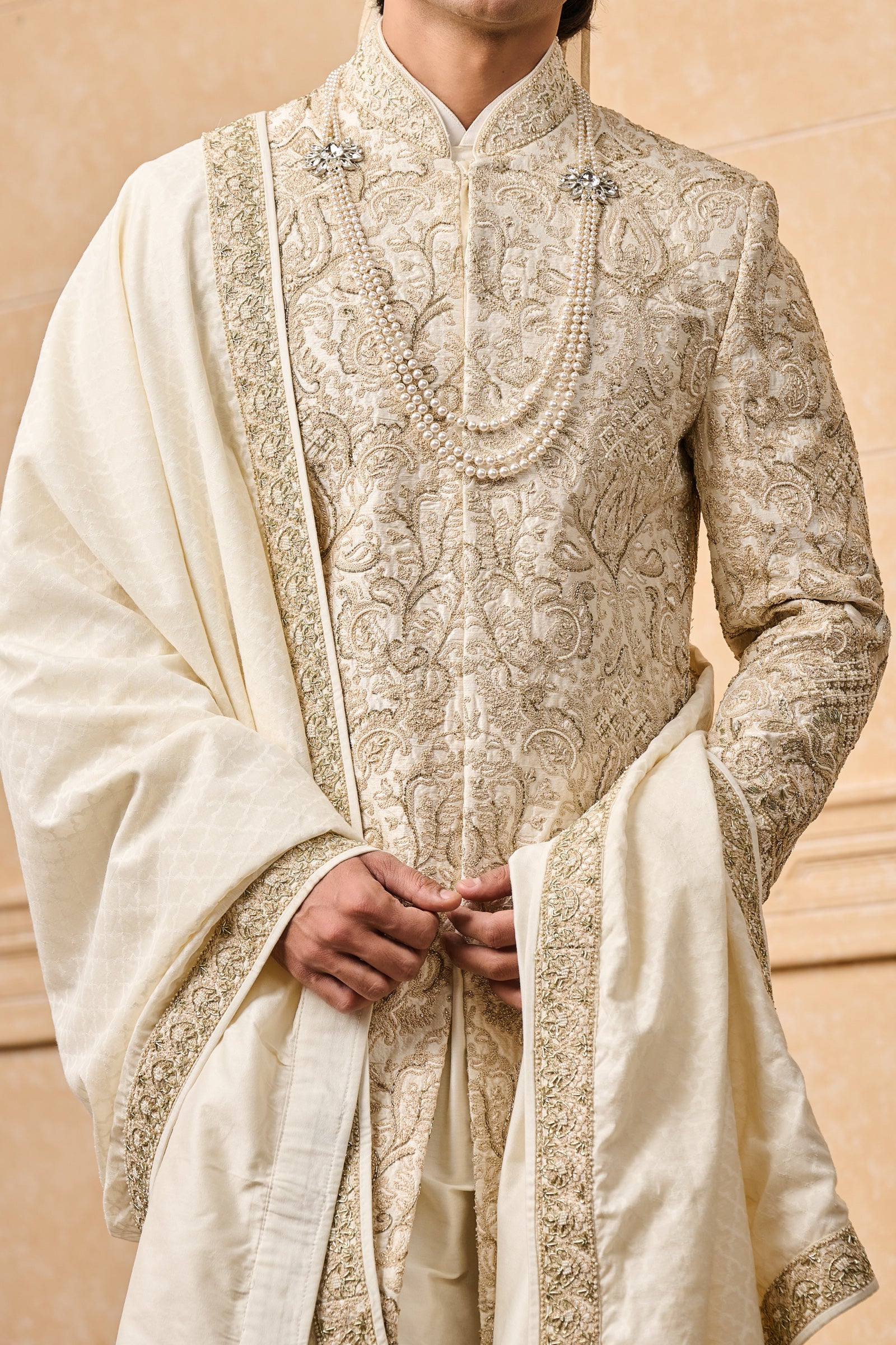 Ivory All Over Embroidered Silk Sherwani With Stole