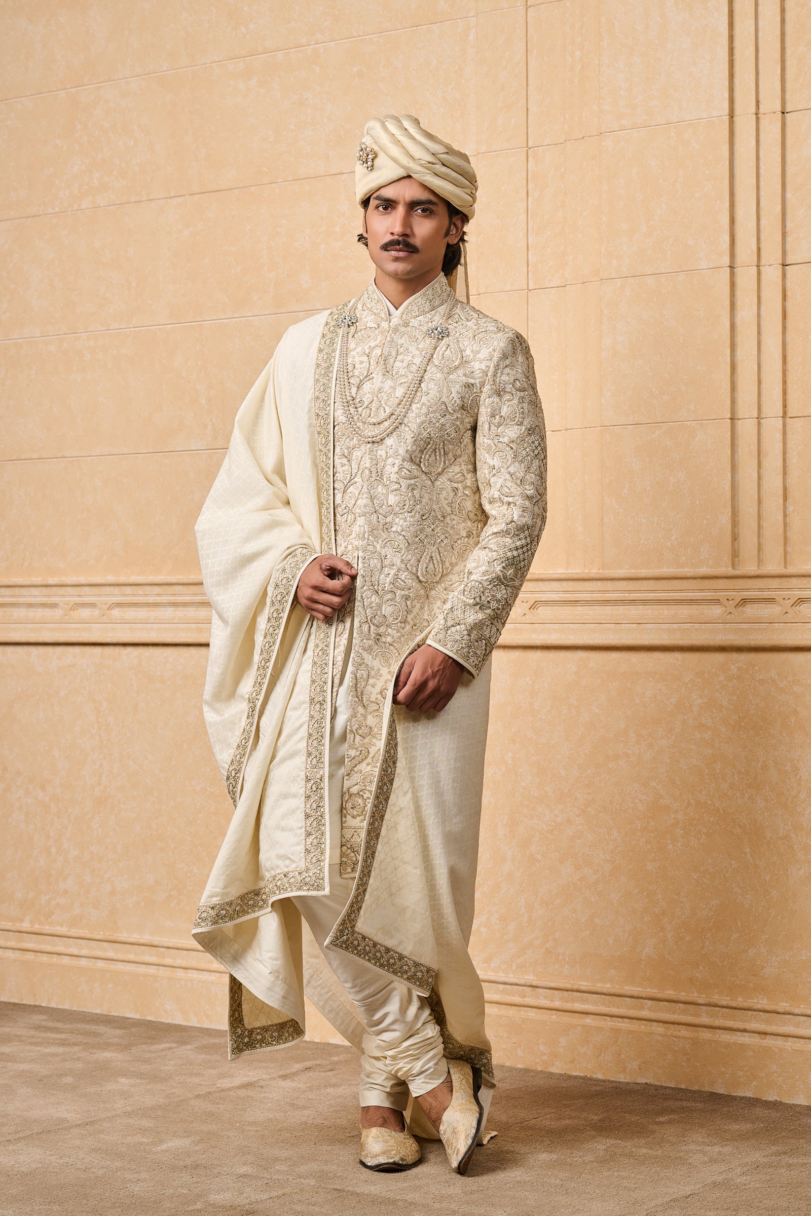 Ivory All Over Embroidered Silk Sherwani With Stole