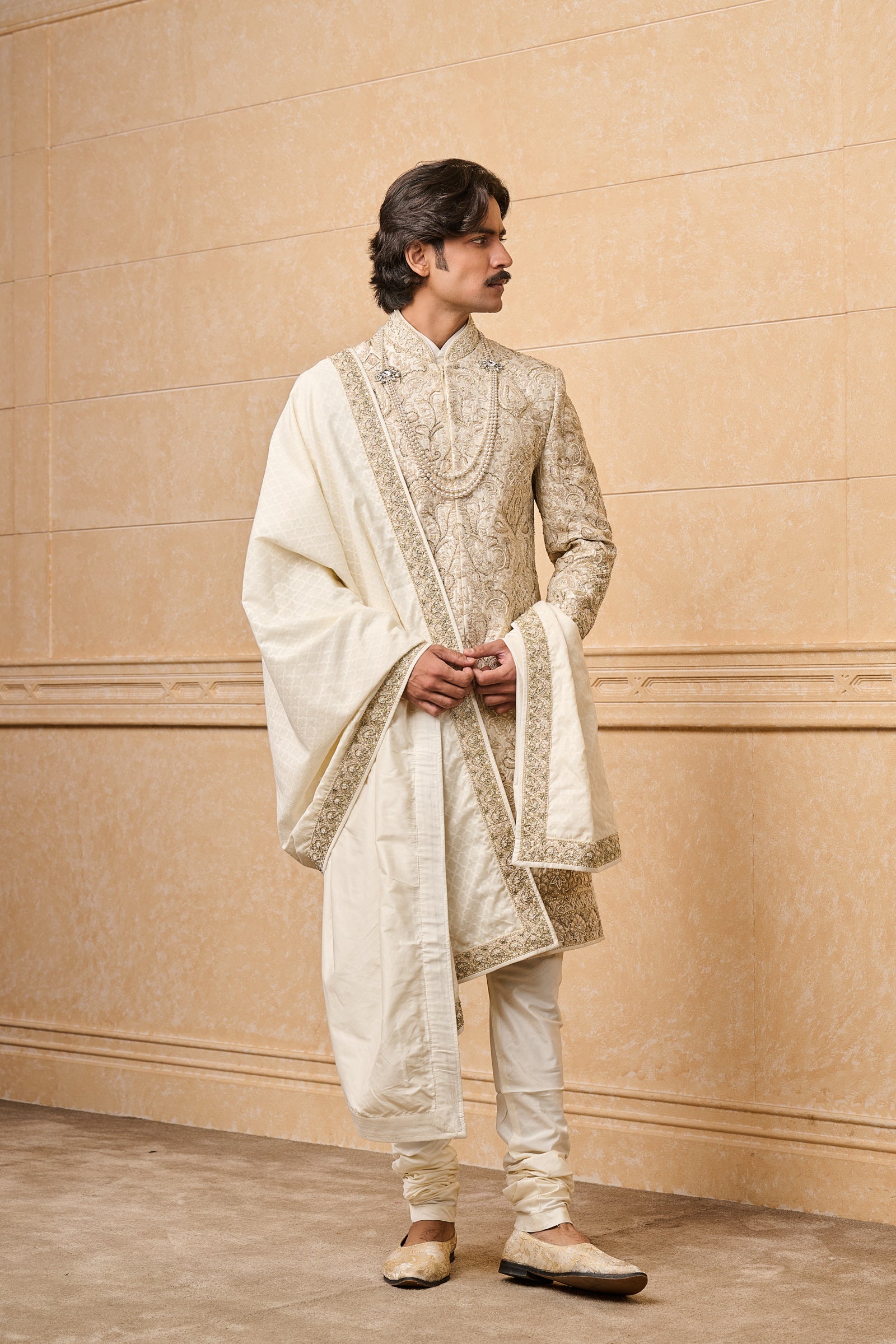 Ivory All Over Embroidered Silk Sherwani With Stole