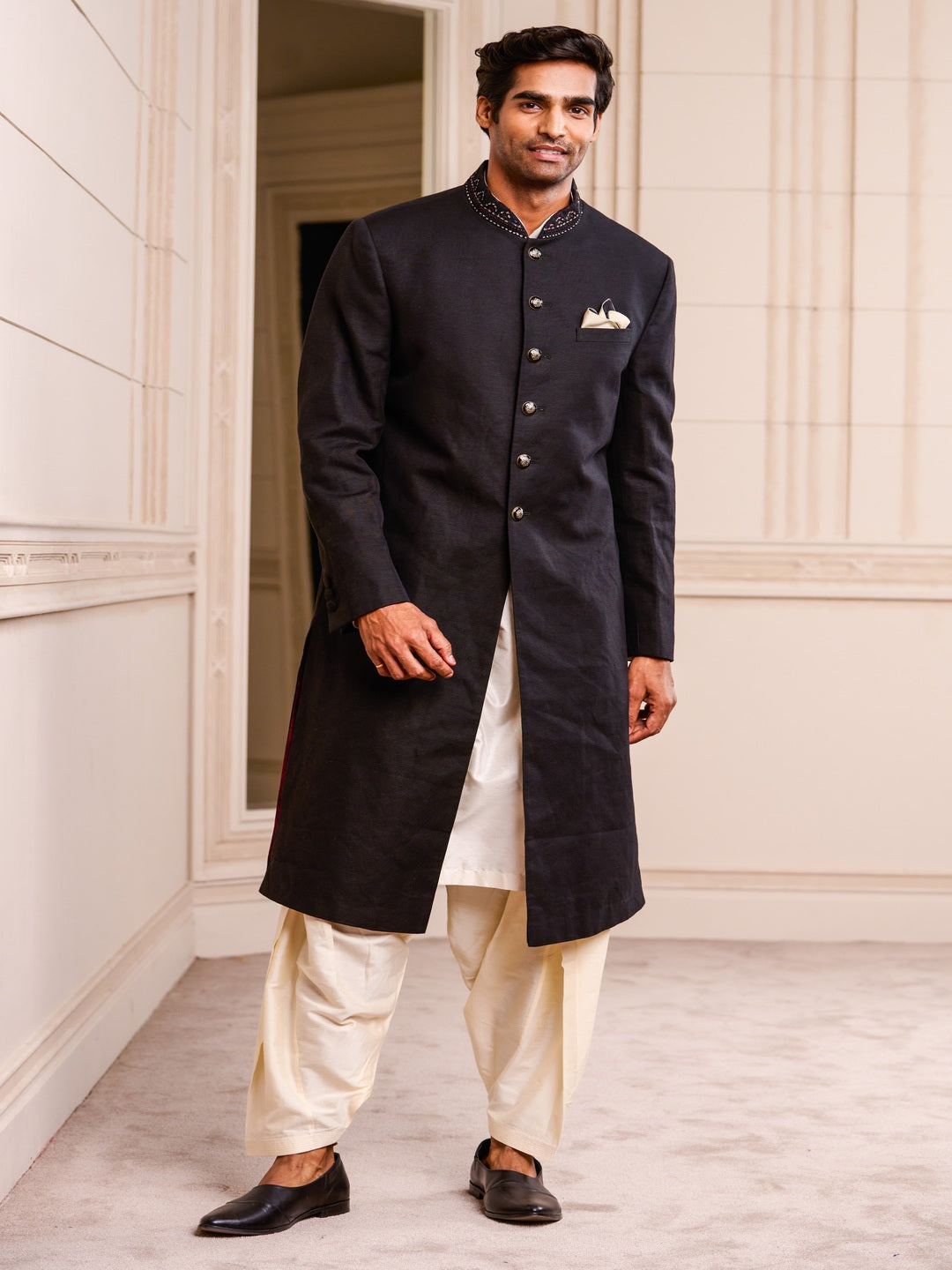 Black Sherwani with Handmade Button