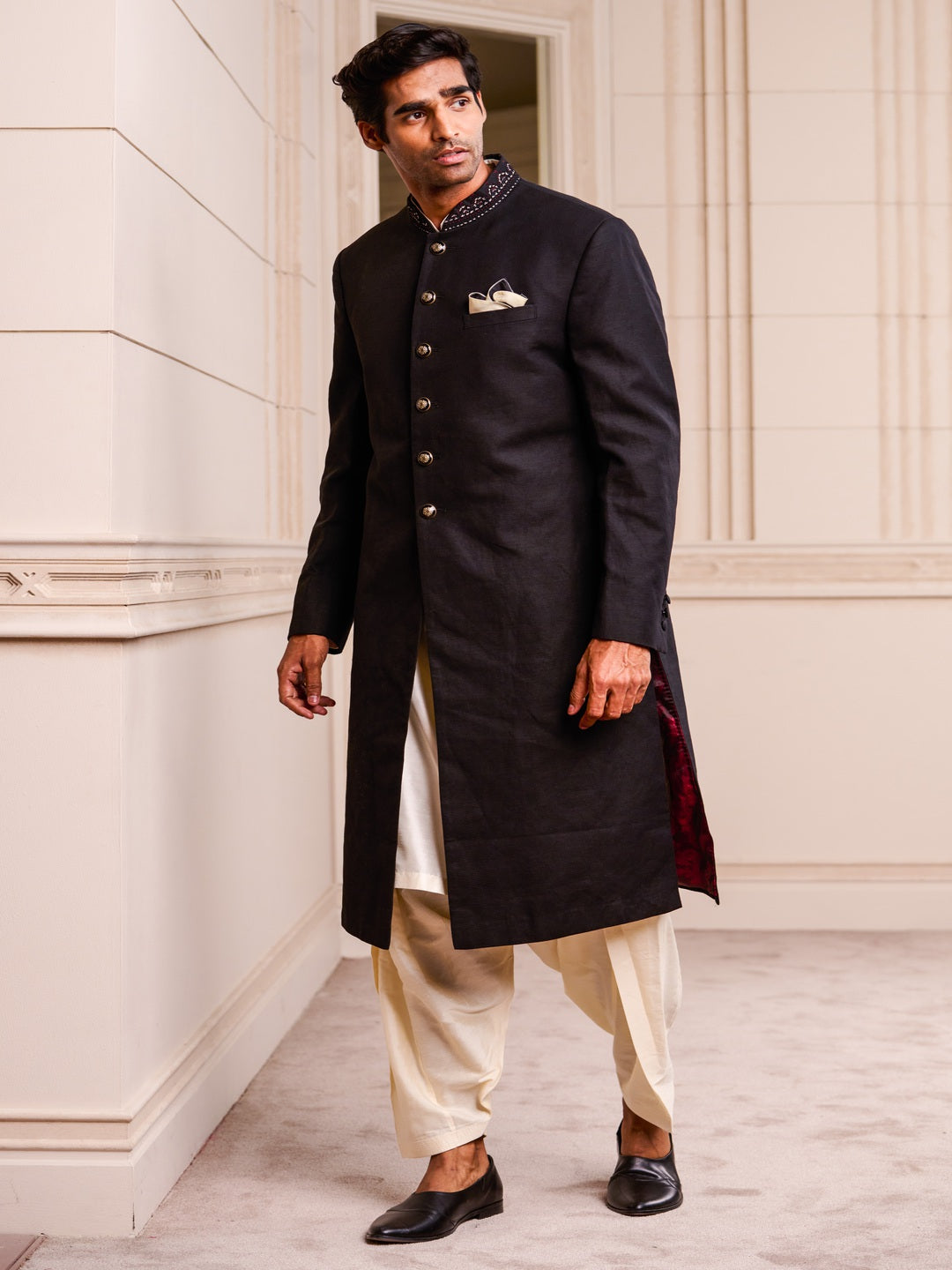 Black Sherwani with Handmade Button