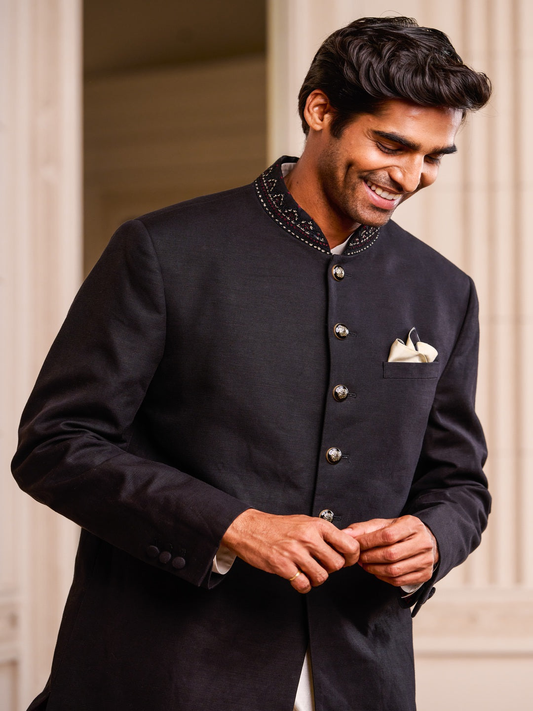 Black Sherwani with Handmade Button