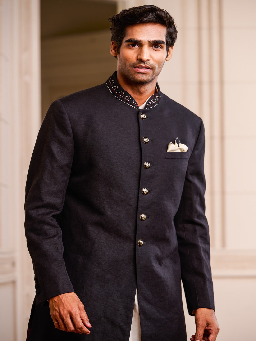 Black Sherwani with Handmade Button