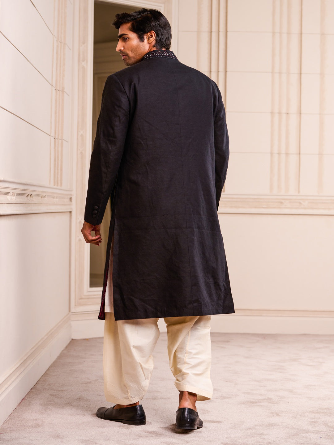 Black Sherwani with Handmade Button