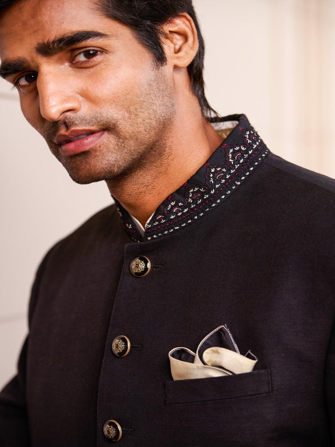 Black Sherwani with Handmade Button