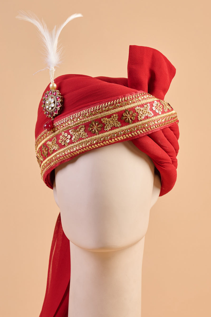 Maroon Safa With Embroidered Border And Sarpech