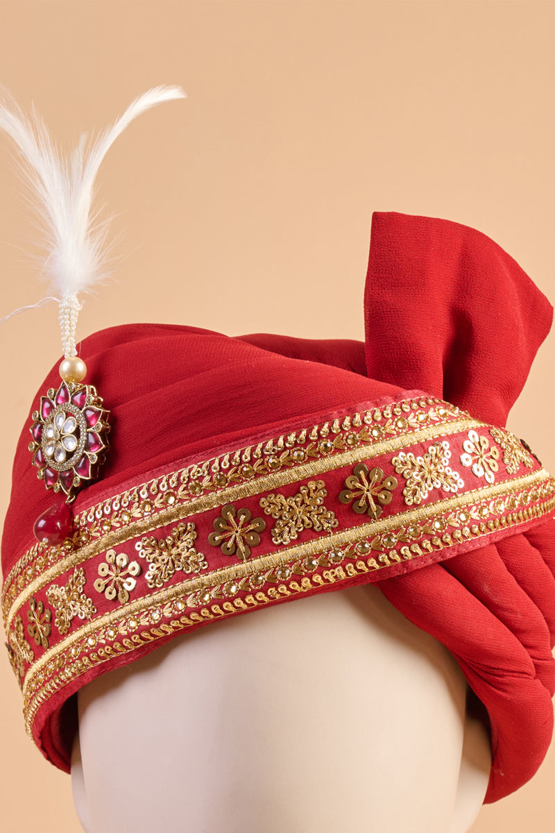 Maroon Safa With Embroidered Border And Sarpech