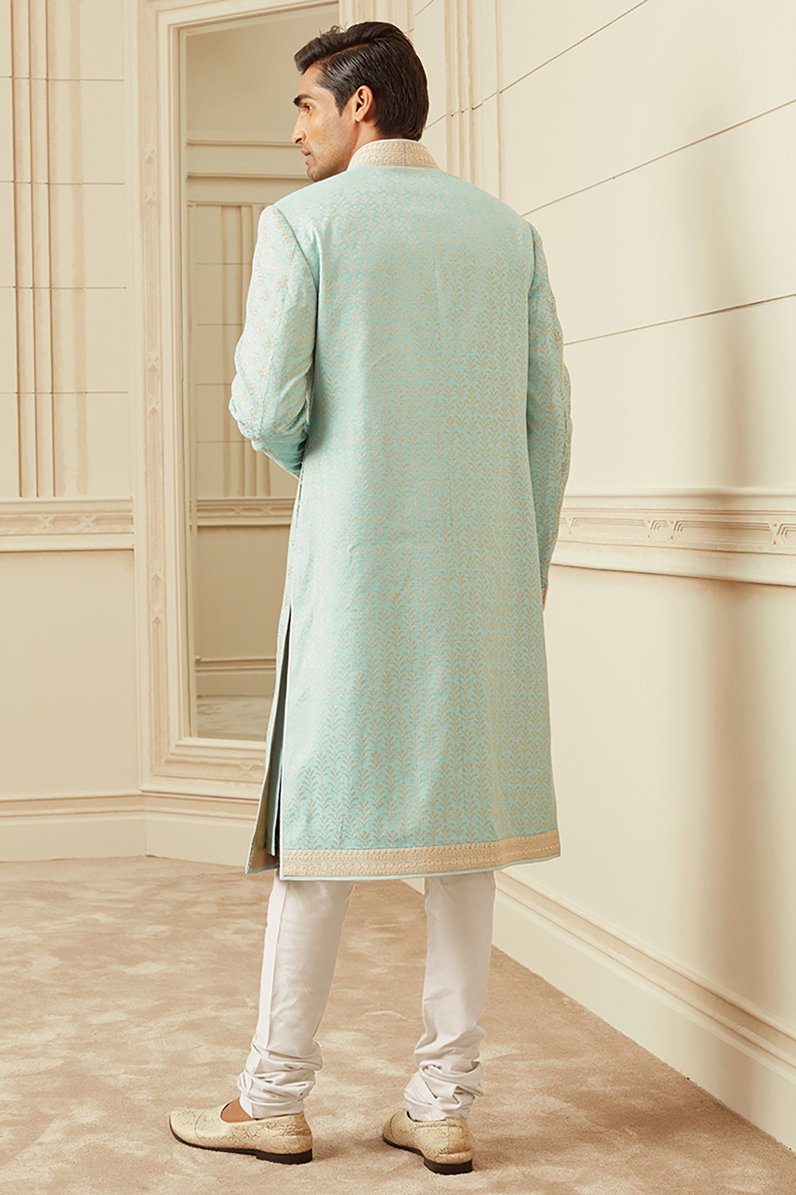 Light Blue All Over Embroidered Silk Sherwani