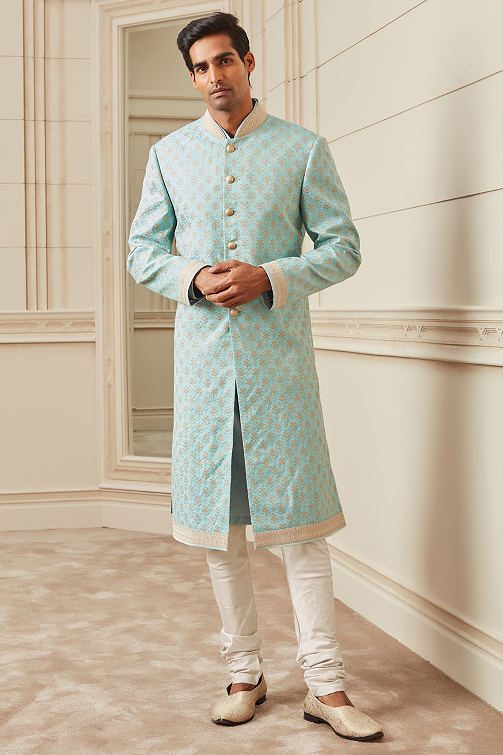 Light Blue All Over Embroidered Silk Sherwani