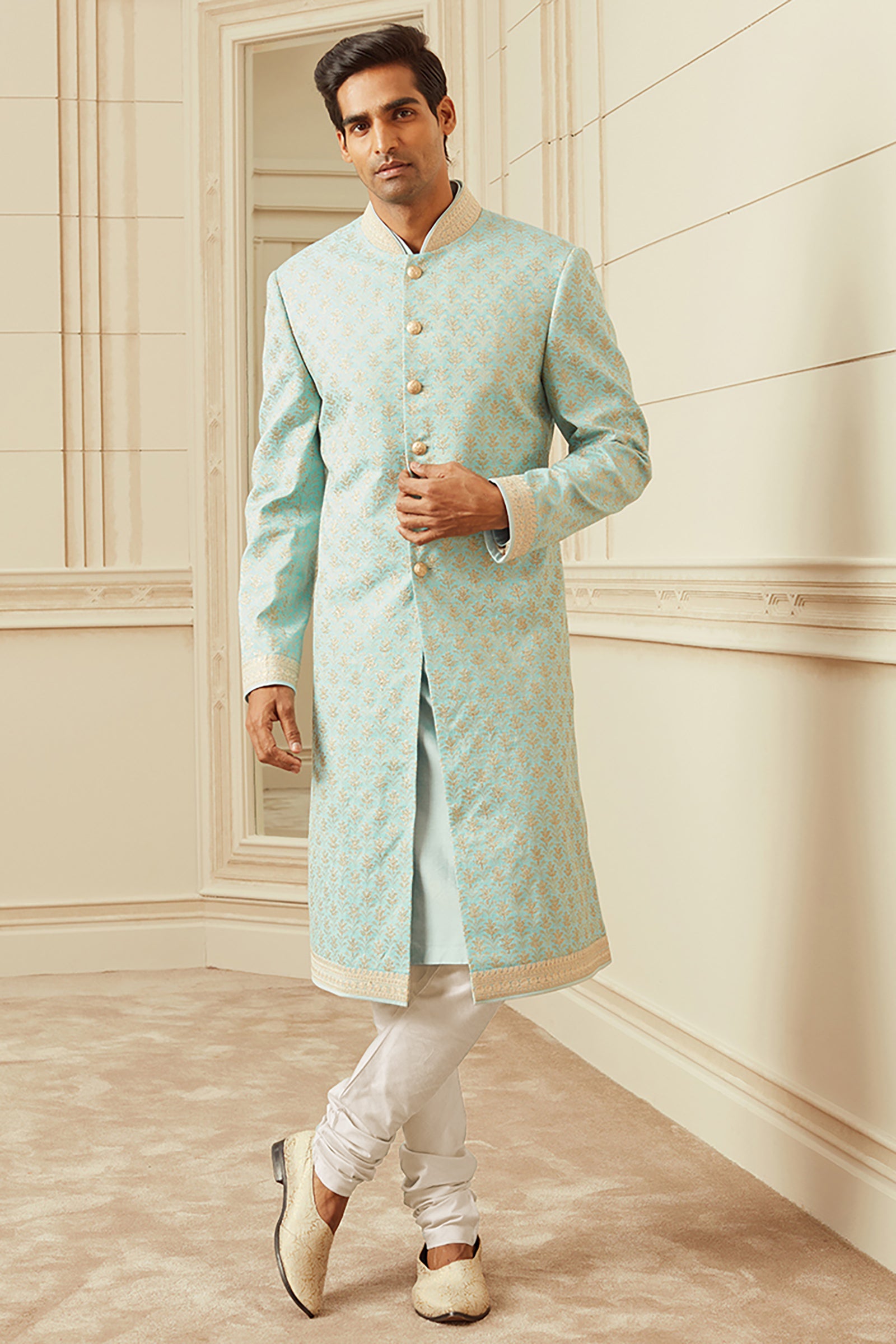 Light Blue All Over Embroidered Silk Sherwani