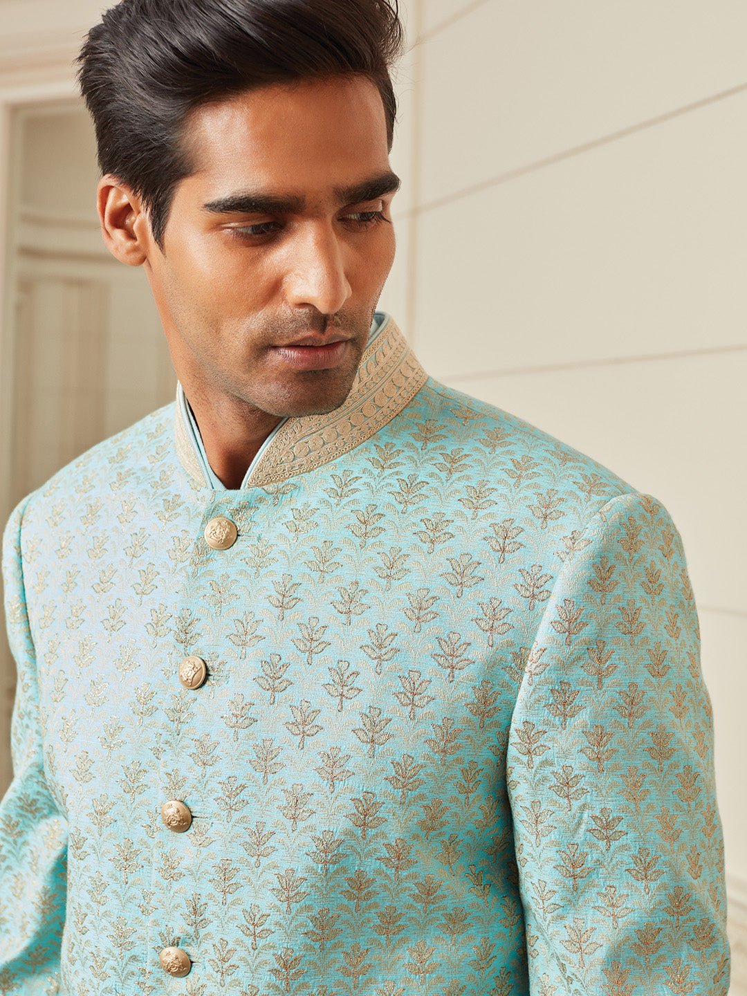 Light Blue All Over Embroidered Silk Sherwani