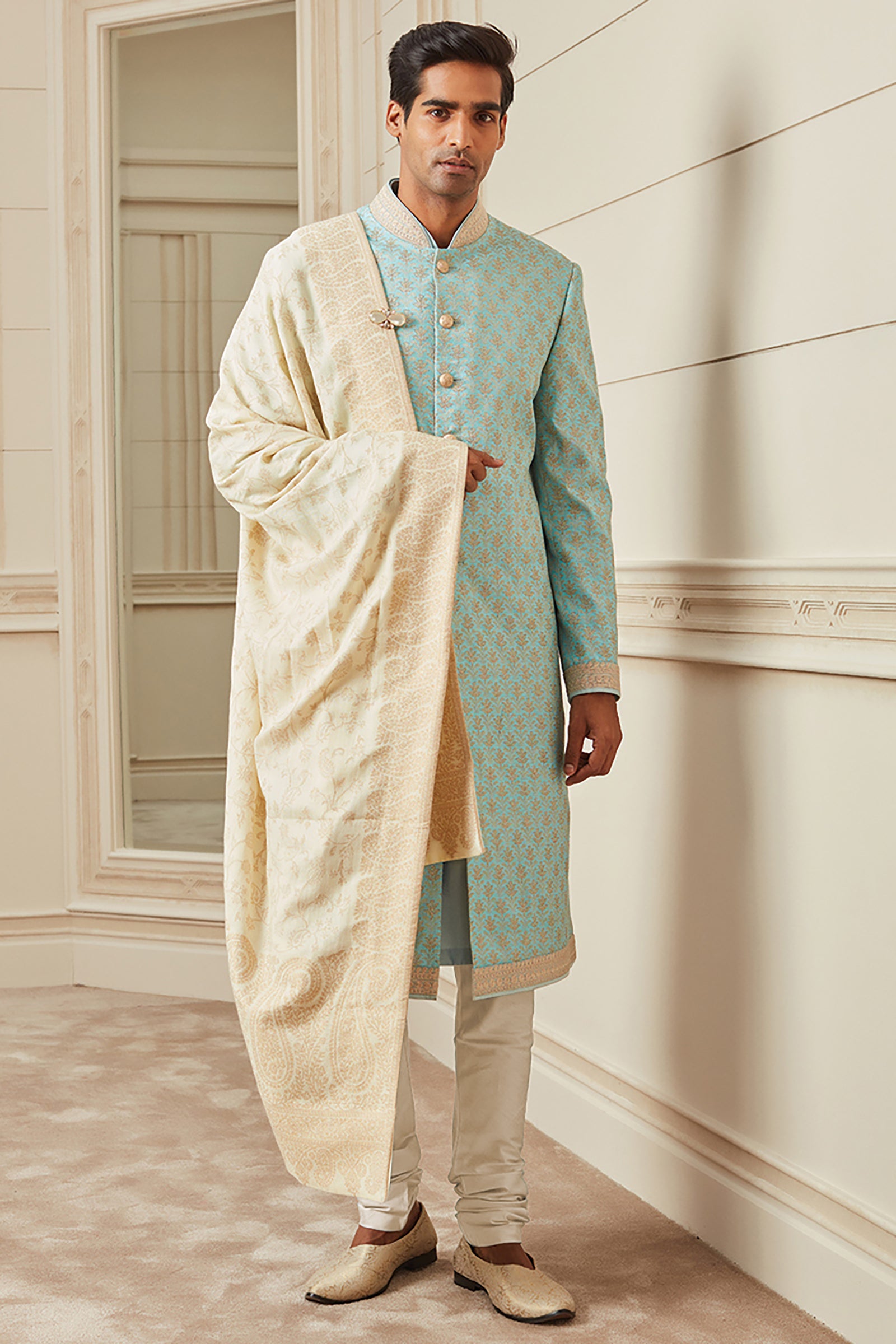 Light Blue All Over Embroidered Silk Sherwani