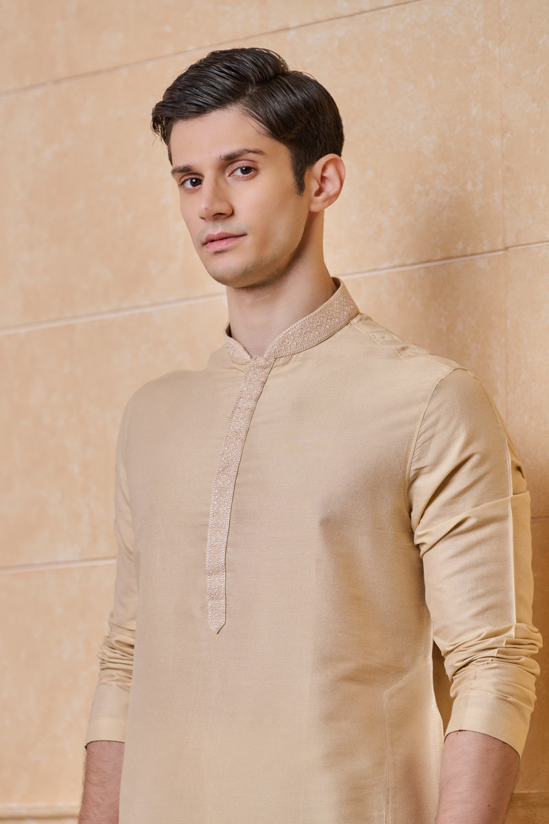 Beige Kurta Set with Embroidered Collar And Placket