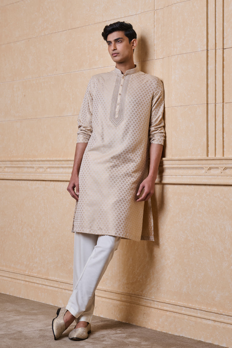 Beige Jaquard Kurta Set