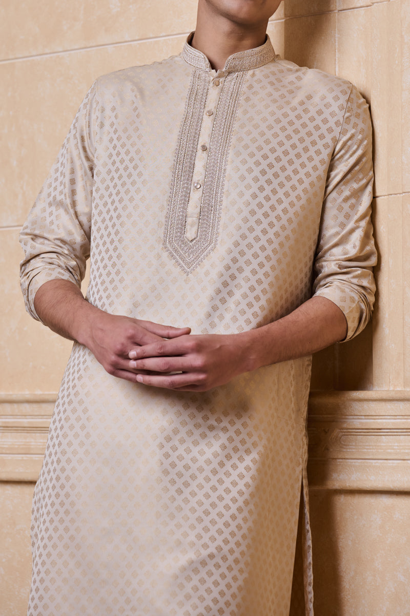 Beige Jaquard Kurta Set