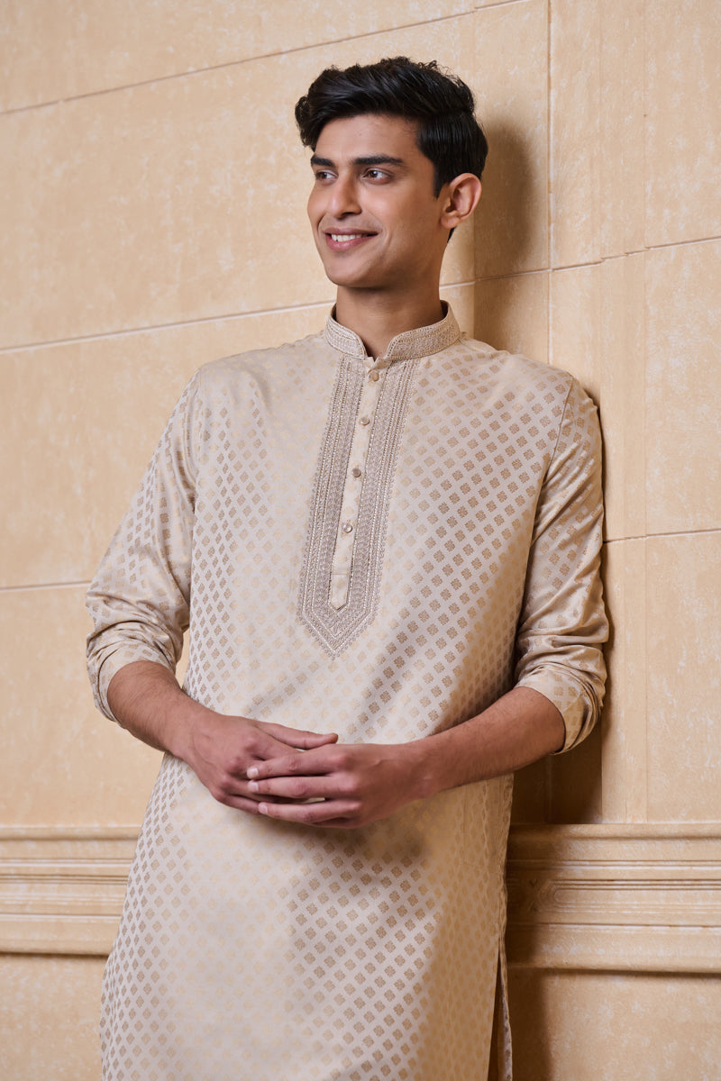 Beige Jaquard Kurta Set