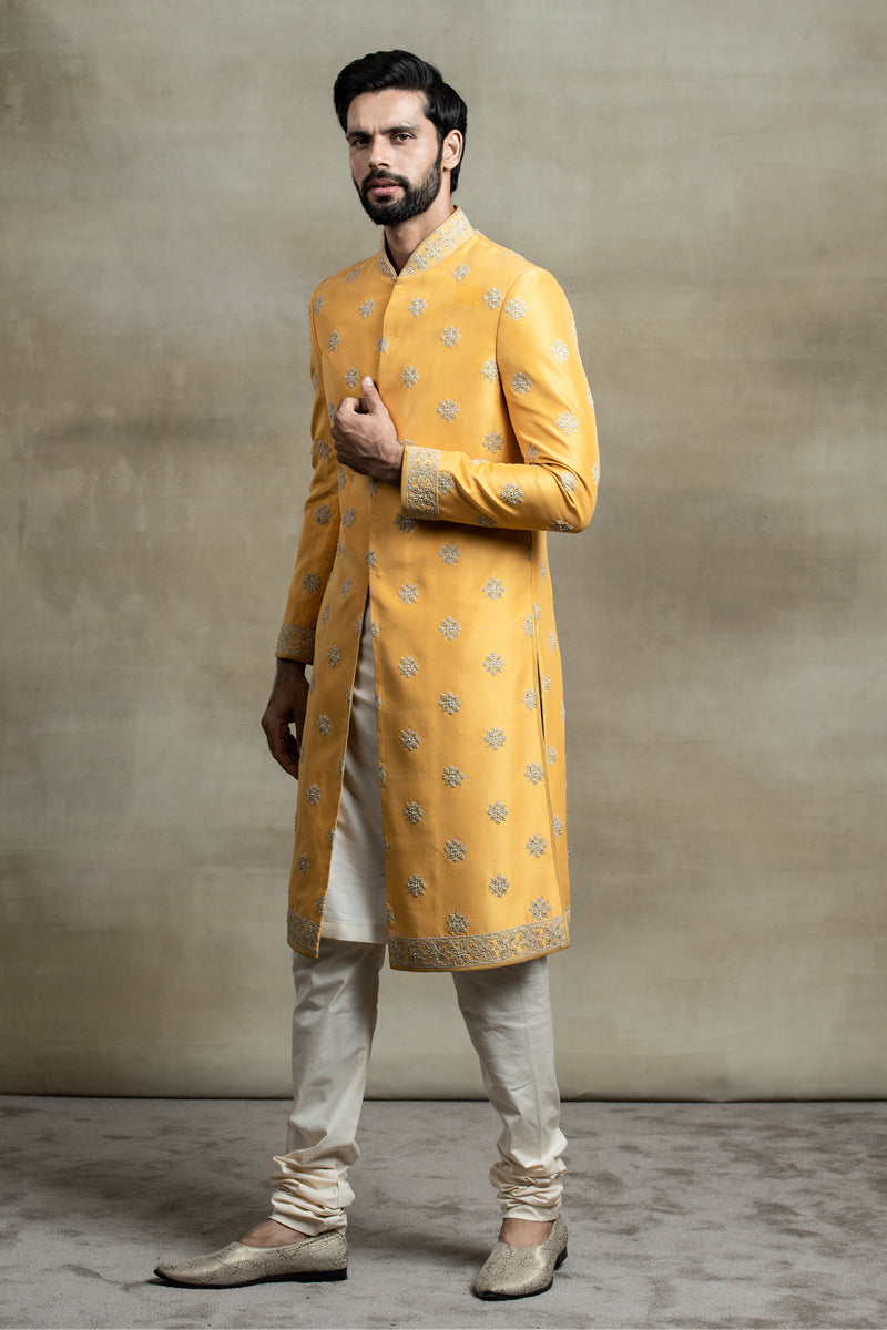 Silk Sherwani With All Over Dori, Resham And Kasab Work