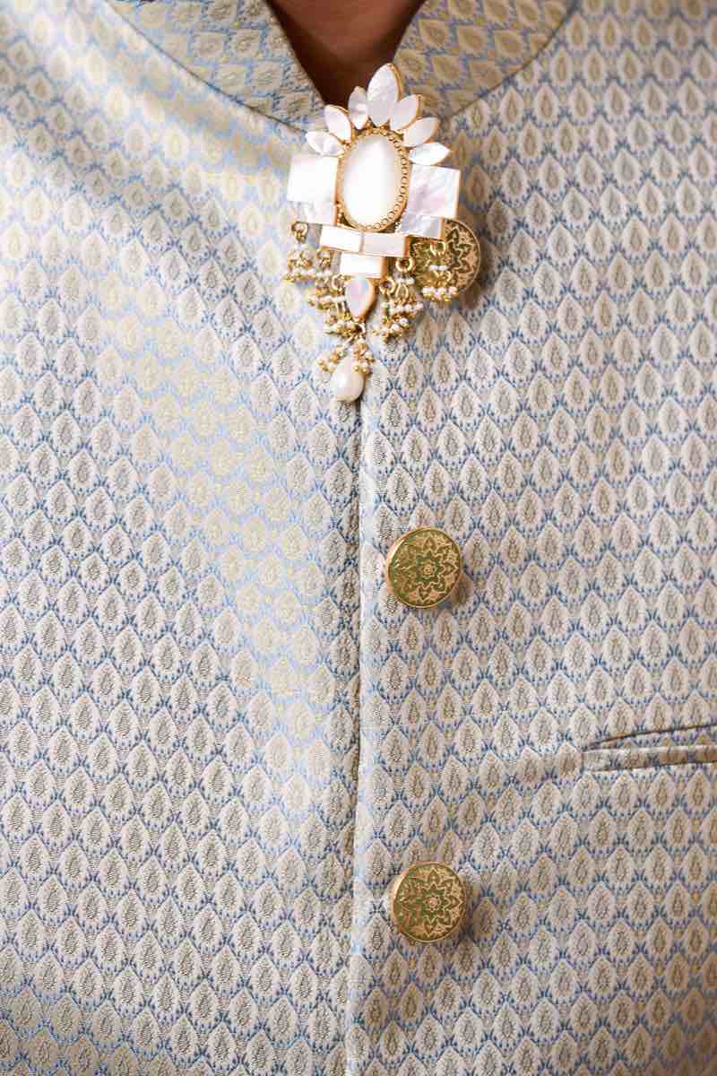 Gold Blue Jacquard Kurta Bundi Set