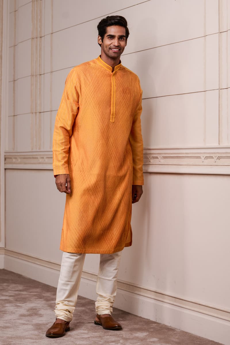 Orange All Over Textured Kurta Set